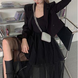 Wide Strap Mesh Panel Midi A-line Dress / Cropped Blazer