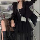 Wide Strap Mesh Panel Midi A-line Dress / Cropped Blazer