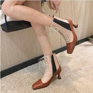 Faux Leather Spool-heel Lace-up Ankle Boots