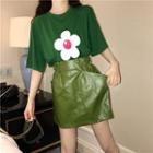 Short-sleeve Plain Crew-neck Print T-shirt/plain High-waist Crinkled Mini Skirt