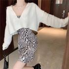 Long-sleeve Cropped Knit Top / Zebra Print Spaghetti Strap Mini Sheath Dress