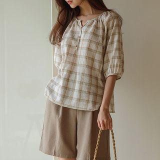 Balloon-sleeve Plaid Tunic