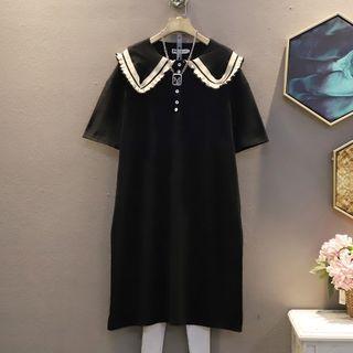 Short-sleeve Peter Pan Collar Wood Ear Trim Color Block Dress