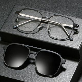 Square Double Bridge Eyeglasses With Magnetic Snap On Sunglasses