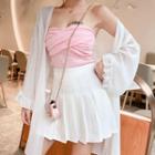 Open Front Chiffon Jacket / High Waist Pleated Skirt / Strapless Top / Set