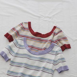 Crewneck Striped Cropped Knit Top