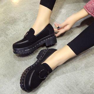 Round Buckle Block Heel Loafers