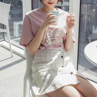 Band-waist Buttoned Stripe Linen Mini Skirt