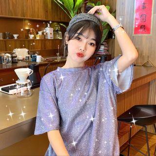 Wide Galaxy Metallic Round-neck Short-sleeve T Shirt Top