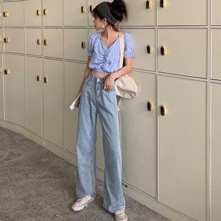 Short-sleeve Gingham Crinkled Cropped Top / Wide-leg Jeans