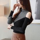 Two-tone Glitter Off-shoulder Long Sleeve Sweater
