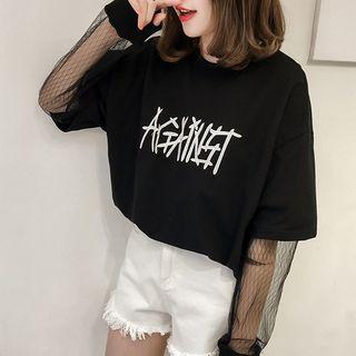 Long-sleeve Mesh-panel Lettering Top
