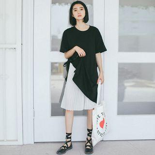 Short-sleeve Pleated Midi Dress As Shown In Figure - One Size