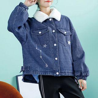 Whale Print Fleece Collar Denim Jacket