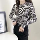 Long-sleeve Zebra Print T-shirt Black & White - One Size