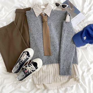 Cold-shoulder Plain Knit Sweater / Long-sleeve Striped Shirt