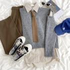 Cold-shoulder Plain Knit Sweater / Long-sleeve Striped Shirt