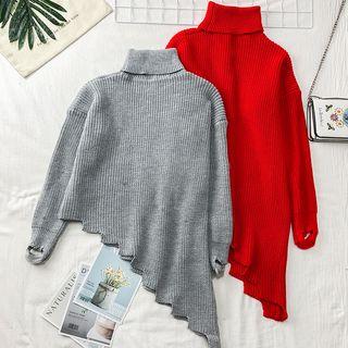 Drop-shoulder Turtleneck Asymmetric Sweater