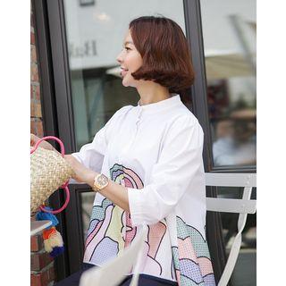 Mandarin-collar 3/4-sleeve Embroidered Blouse