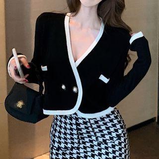 Contrast Trim Cardigan / Houndstooth Knit Midi Fitted Skirt