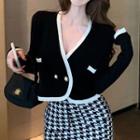 Contrast Trim Cardigan / Houndstooth Knit Midi Fitted Skirt