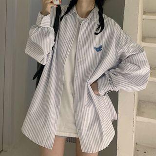 Long-sleeve Butterfly Embroidered Striped Shirt White - One Size