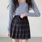 Plaid Pleated Mini A-line Skirt / Plain Knit Top