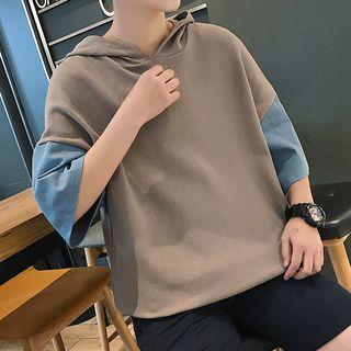 Elbow-sleeve Hooded Dog Print T-shirt