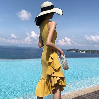 Sleeveless Asymmetrical Ruffle Sheath Dress
