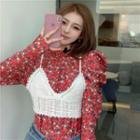 Set: Long-sleeve Floral Print Blouse + Crochet Knit Camisole Top