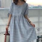 Bow-tie Square-neck Plaid Midi A-line Dress