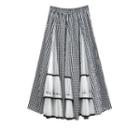 Mesh Panel Gingham Midi A-line Skirt Plaid - Black & White - One Size