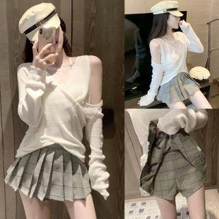 Cold-shoulder Knit Top / Mini Plaid Skort / Lace Camisole