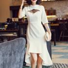 Dotted Mesh Panel Elbow Sleeve Dress