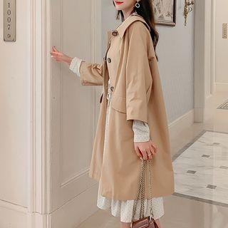 Set: Long-sleeve Tie-neck Dress + Plain Trench Coat