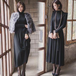 Mock-turtleneck Tie-waist Plain Slim Long Sheath Dress