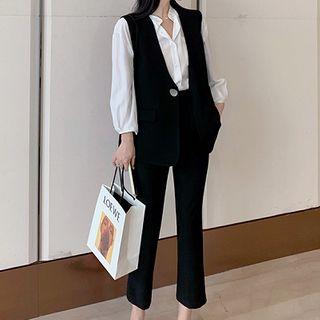 Plain Sleeveless Vest / Plain Puff-sleeve Blouse / High-waist Pants