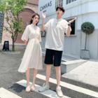 Couple Matching Elbow-sleeve Frog Buttoned T-shirt / Elbow-sleeve Embroidered Floral A-line Midi Dress / Shorts