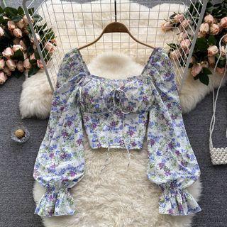 Square-neck Floral Puff-sleeve Top White - One Size