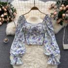 Square-neck Floral Puff-sleeve Top White - One Size