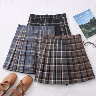 Plaid Pleated Wool Mini Skirt