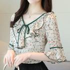 Floral Ruffle Trim Elbow-sleeve Top