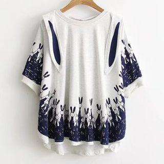 Bunny Print Short-sleeve Hooded T-shirt