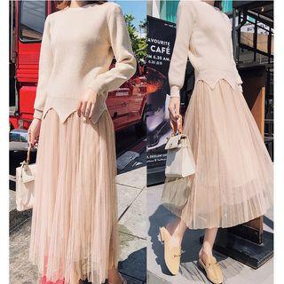 Set: Plain Scallop Trim Sweater + Midi Mesh Skirt