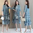 Set: Flower Print Sleeveless A-line Dress + Frog-button Elbow-sleeve Jacket