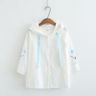 Hooded Crane Embroidered Shirt White - One Size