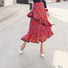 Diagonal-ruffle Floral Midi Skirt