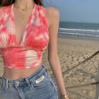 Sleeveless V-neck Tie-dyed Cropped Halter Top