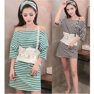 3/4-sleeve Off Shoulder Striped Mini Dress