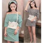 3/4-sleeve Off Shoulder Striped Mini Dress